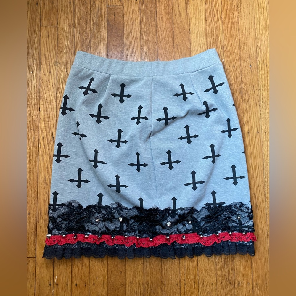 Goth Halloween cross print lace studded skirt - size S